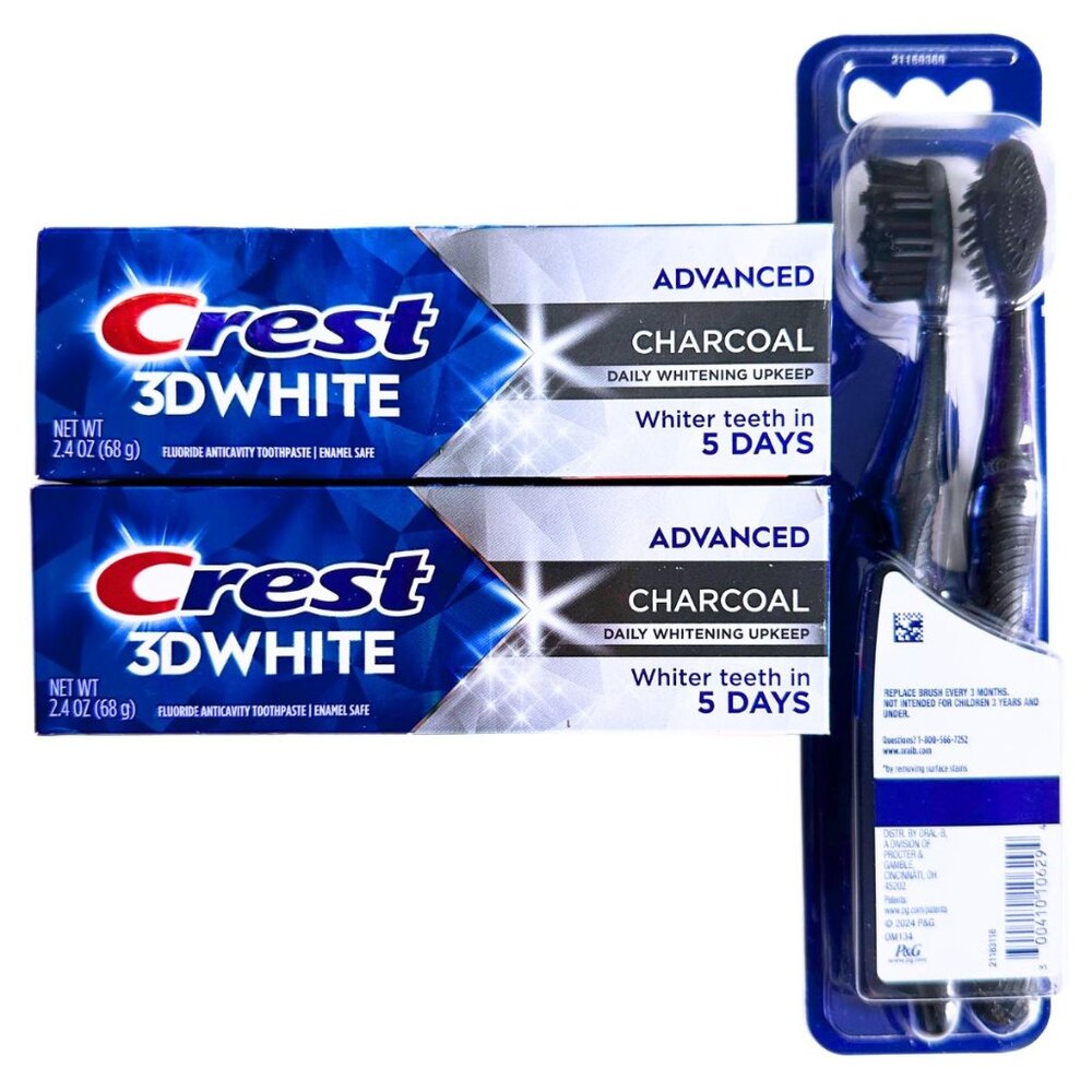 ORAL-B Charcoal Toothbrush Pack and CREST Toothpaste Charcoal 2 Pack Bundle NEW